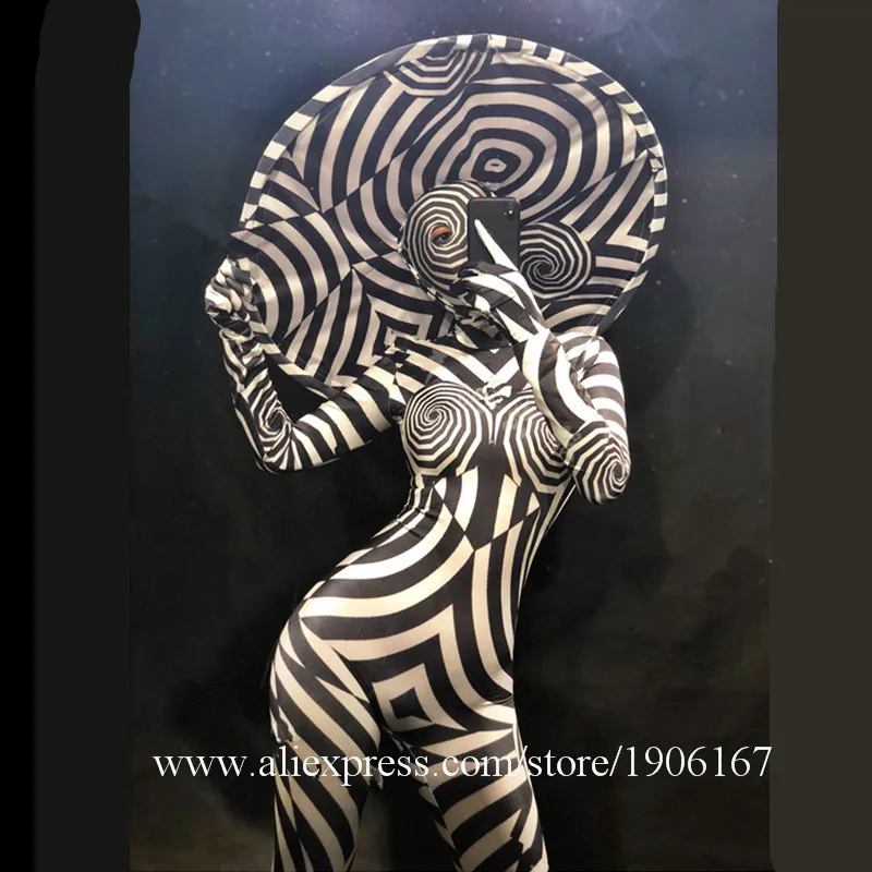 Halloween Zebra Style Dance Bodysuit Big Hat Models TV Show Stage Performance Ballroom Costume Nightclub Bar Party Jumpsuit