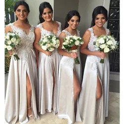 Free shipping 2021 New Big Discount Straps Cheap Long Party Dress With Appliques Split Front Silver Grey Bridesmaid Dresses