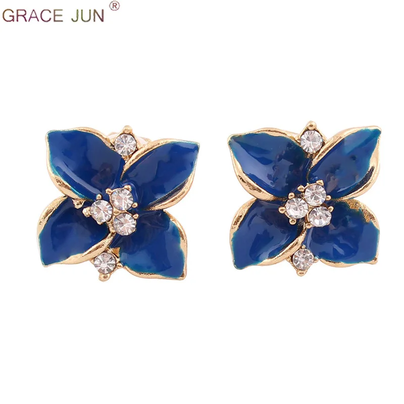 GRACE JUN High-grade Blue Color Flower Clip on Earrings for Women Elegant Fashion No Pierced Earrings Charm Rhinestone Ear Clip