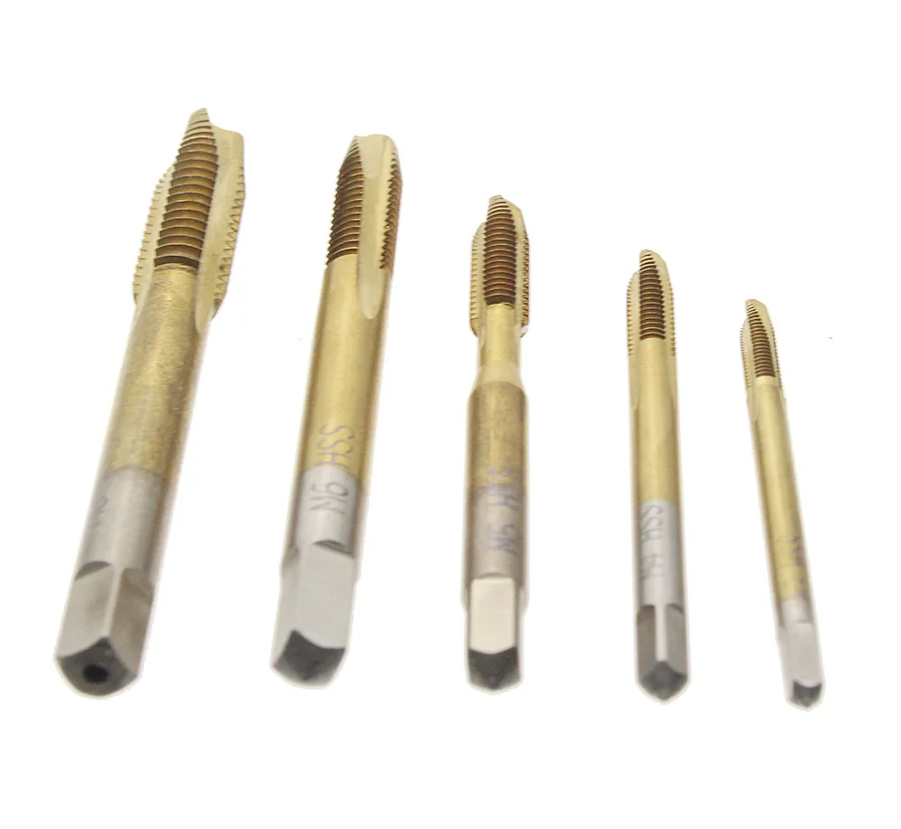 5Pcs Titanium Coated Metric Hss Spiral Gecanneleerd Machine Schroef Tap M3 M4 M5 M6 M8 Spiraal Wees Kranen Tikken draad Vormen