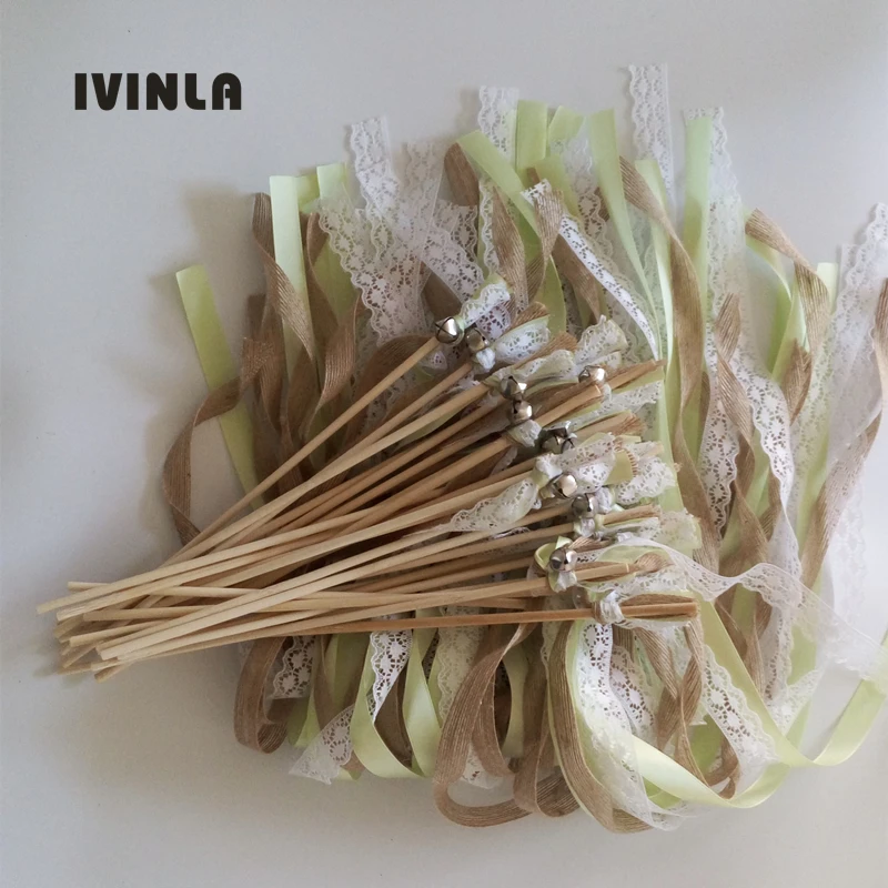 

Newest 50pcs/lot Green Jute Lace wedding ribbon wands with sliver bell for wedding decoration