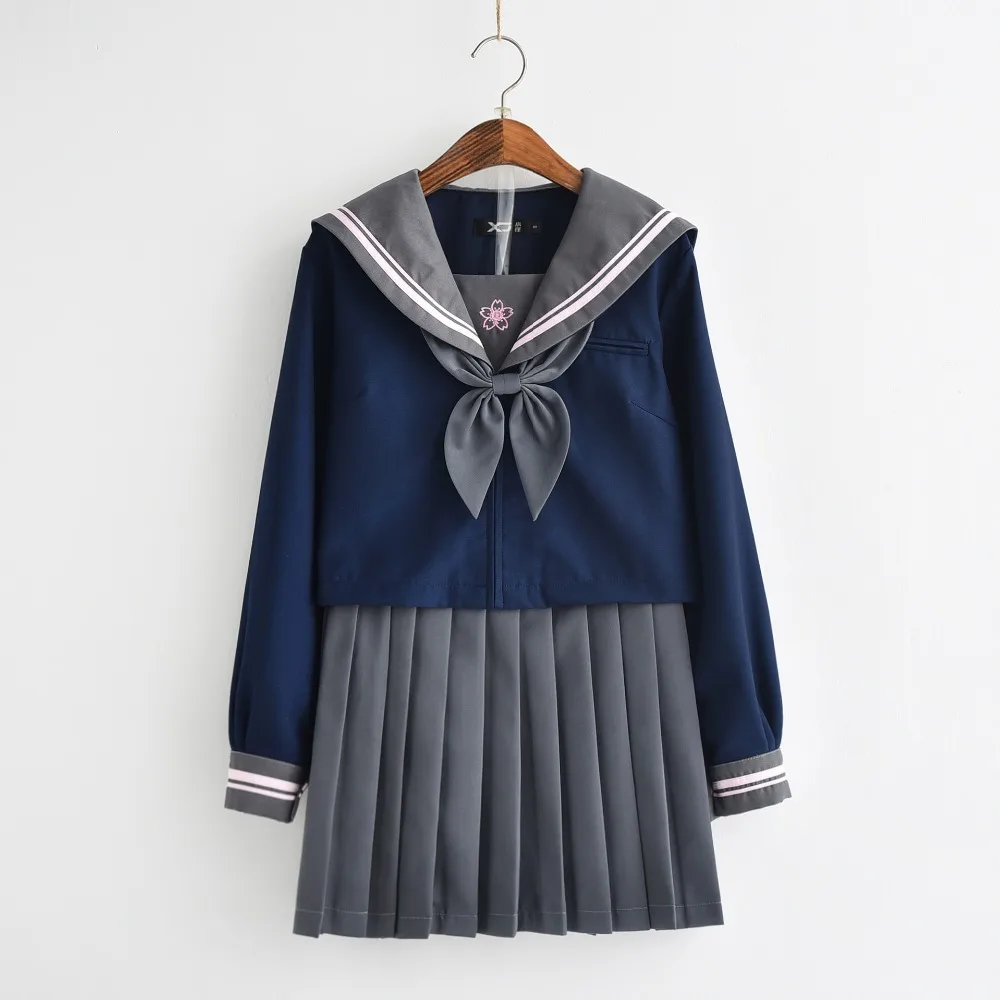 Preppy Style JK uniform Set Navy blue Top With Sakura Embroideried Pattern Grey Pleated Skirt Girls Sailor Suits Long Sleeved