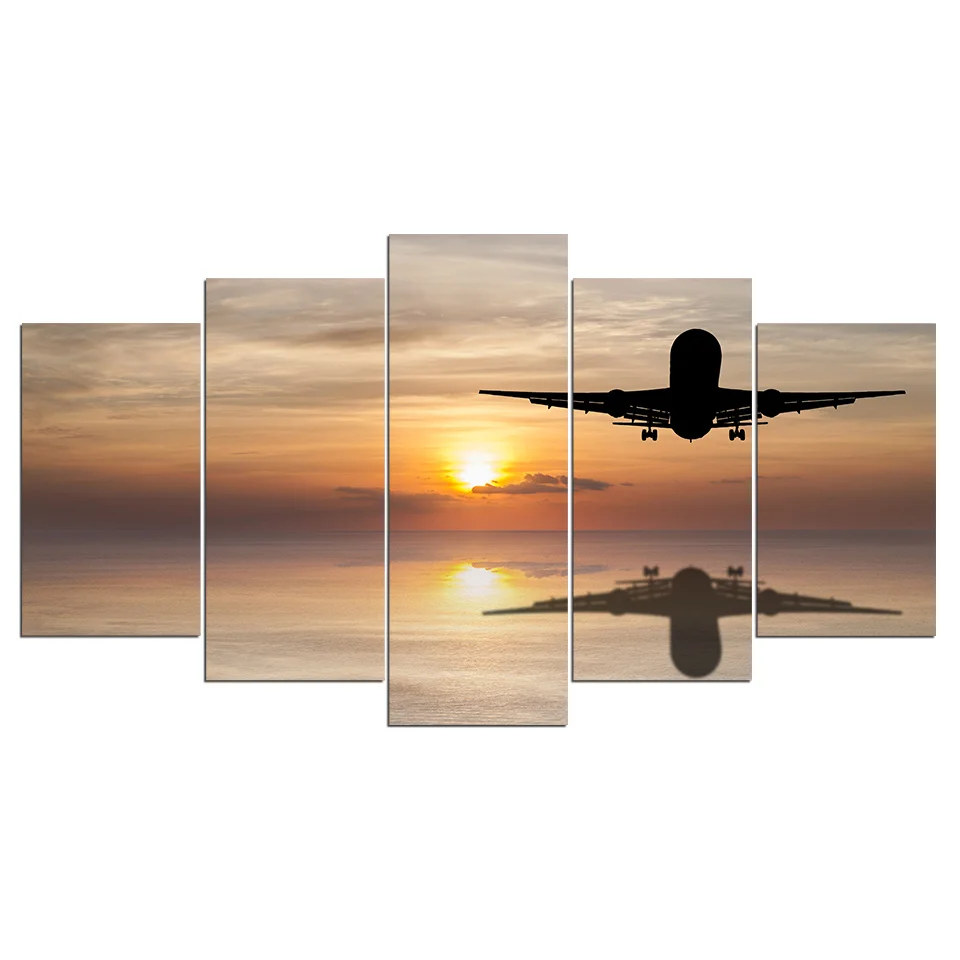 Artsailing HD Printed 5 Piece Canvas Painting Airplane Sunset Wall Pictures for Living Room Home Decor Free Shipping CU-3149C