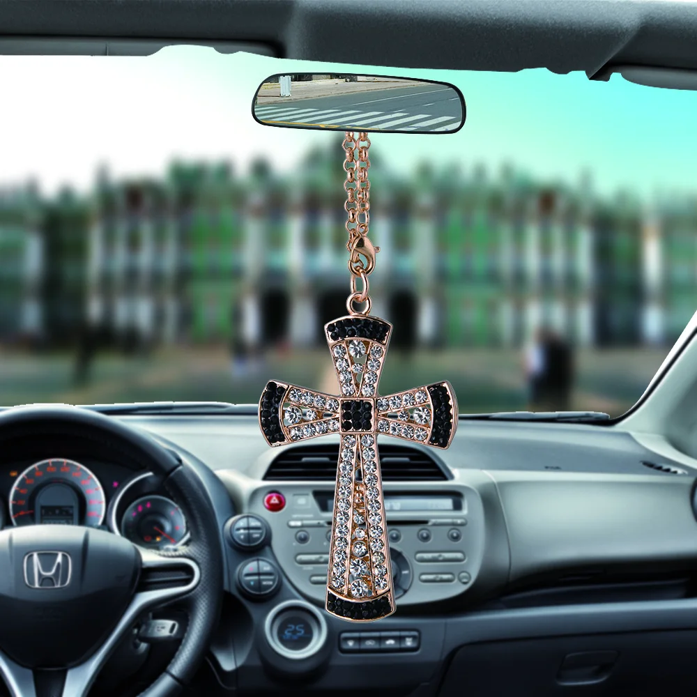 Auto Accessories Car Pendant Crystal Diamonds Cross Jesus Christian Religious Car Rearview Mirror Ornaments Hanging Car Styling