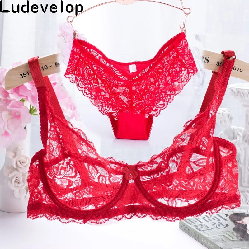 Newest Very Sexy Women Half Cup Lace Bra + Briefs Plus Size Ultra-thin Sexy Plunge Bra Sets 32-40 A B C Cup Free Shipping