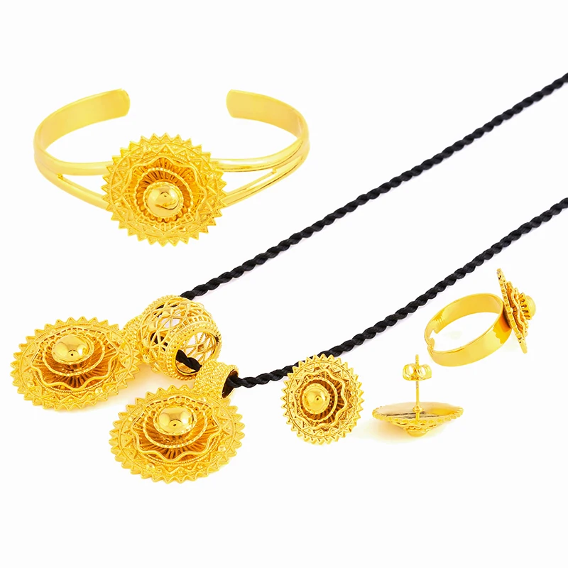 Ethlyn Ethiopian set Jewelry Pendant Rope Earring Ring Gold Color Eritrea Africa Wedding Engagement sets Habesha S135