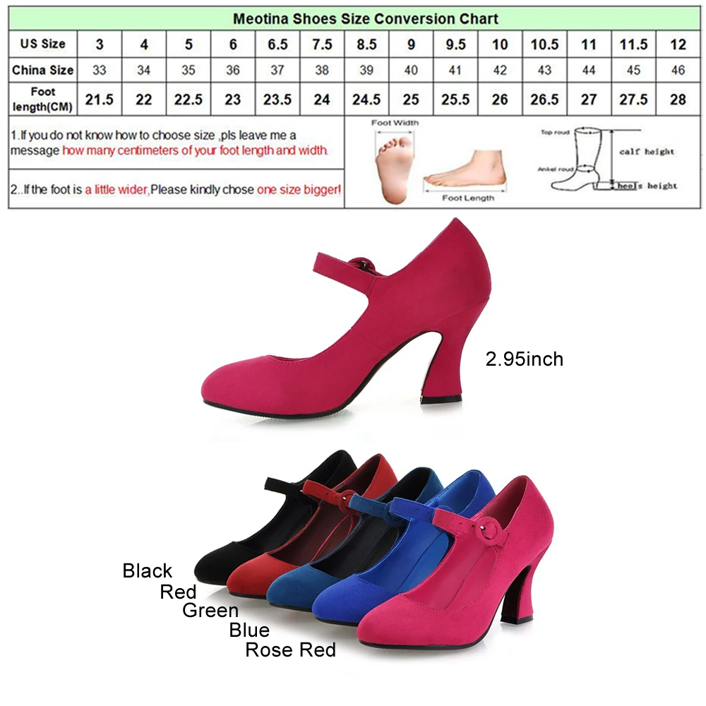 Meotina Women Shoes Mary Jane Pumps Thick High Heels Shoes 2019 Spring Round Toe Casual Shoes Autumn Plain Black Red Size 34-39