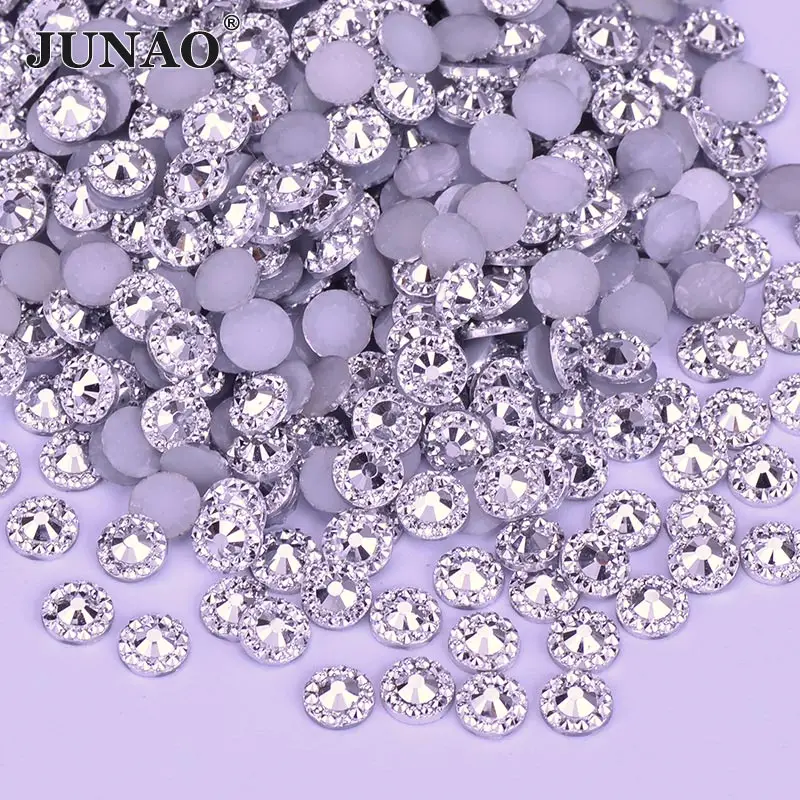 JUNAO 4 5 6 mm Silver Gold Color Resin Flowers Rhinestones Round Nail Crystal Glue On Flatback Strass Non Hotfix Stones