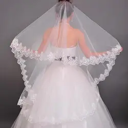 2019 Vintage White Ivory Short Tulle Wedding Bridal Veil Cathedral Length One Layer Applique Lace