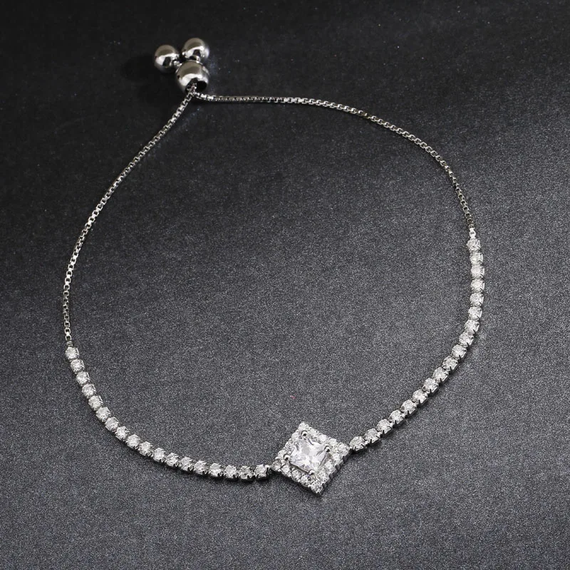 SA SILVERAGE 925 Sterling Silver Shiny Square Chain Bracelet for Women Adjustable Rhinestones Bangle Bracelet Fashion Jewelry