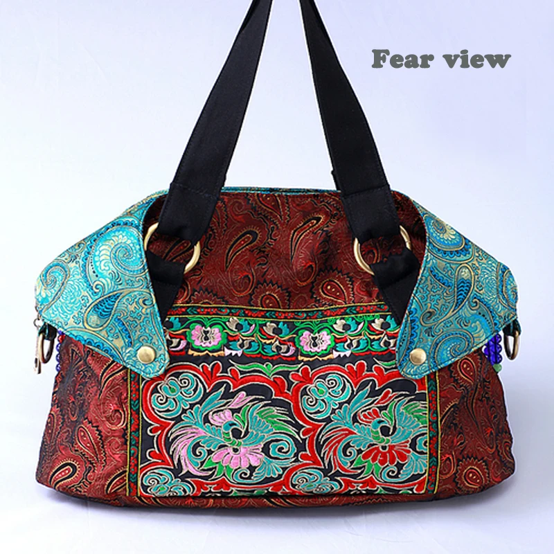 HOT Bohemia Silk brocade double-sided embroidery women handbags Ethnic Vintage handmade Beaded tassel shoulder crossbody bags