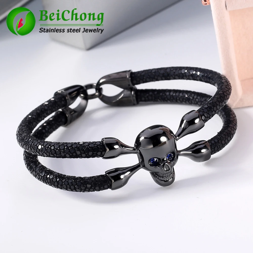 Fashion Jewelry Men\'s Bracelet Black Stingray Bracelet Men Genuine Leather Stingray Bracelet Skull Bracelet Men