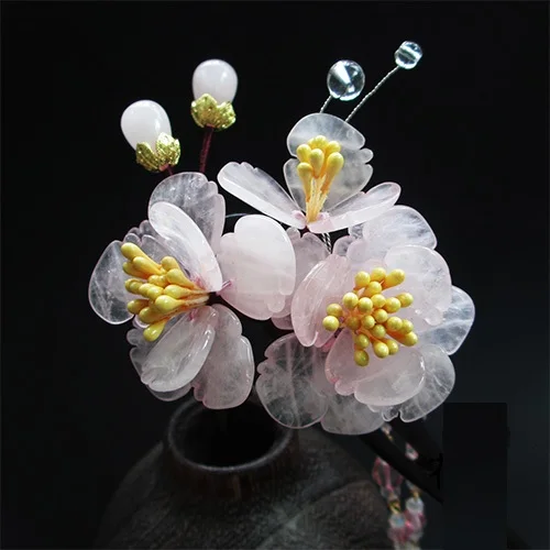 Pink Crystal Petal Black Sanderwood Hair Stick Vintage Chinese Hanfu Costume Accessories Long and Short Tassel Hair Stick