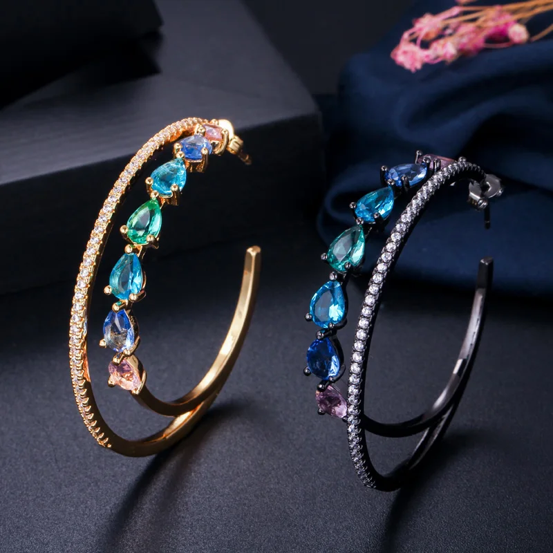 CWWZircons Double Circle Rainbow Cubic Zirconia Crystal Big Round Gold Plated Hoop Earrings for Women Statement Jewelry CZ562