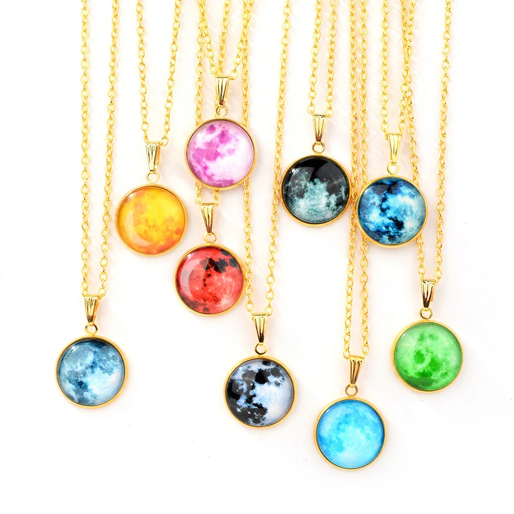 Hainon Glow In The Dark Moon 25mm Galaxy Planet Glass Pendant Necklace Gold Color Chain Luminous Jewelry Women Gifts