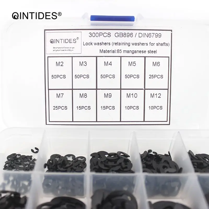 QINTIDES 300pcs/set DIN6799 M2 M3 M4 M5 M6 M7 M8 M9 M10 M12 Stainless Steel Circlip Retainer E-type Buckle-shaped Split Washer