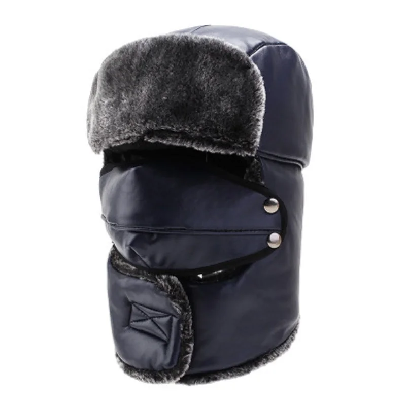 Winter Earmuffs Men\'s Hat Keep Warm Upgrade PU Leather Full Cover Russian Fur Hat Winter Bomber Hat Aviator Cap With Earflaps