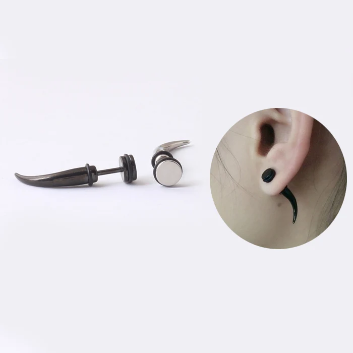 Unique Silver color Black Stainless Steel Horn Cone Spike Tip Women Men Ear stud Earrings 2pcs