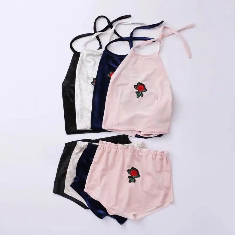 Ensemble Sexy 2 pièces en velours brodé de roses, 4 couleurs, débardeur licou, avec culotte courte, nouvelle collection 2018