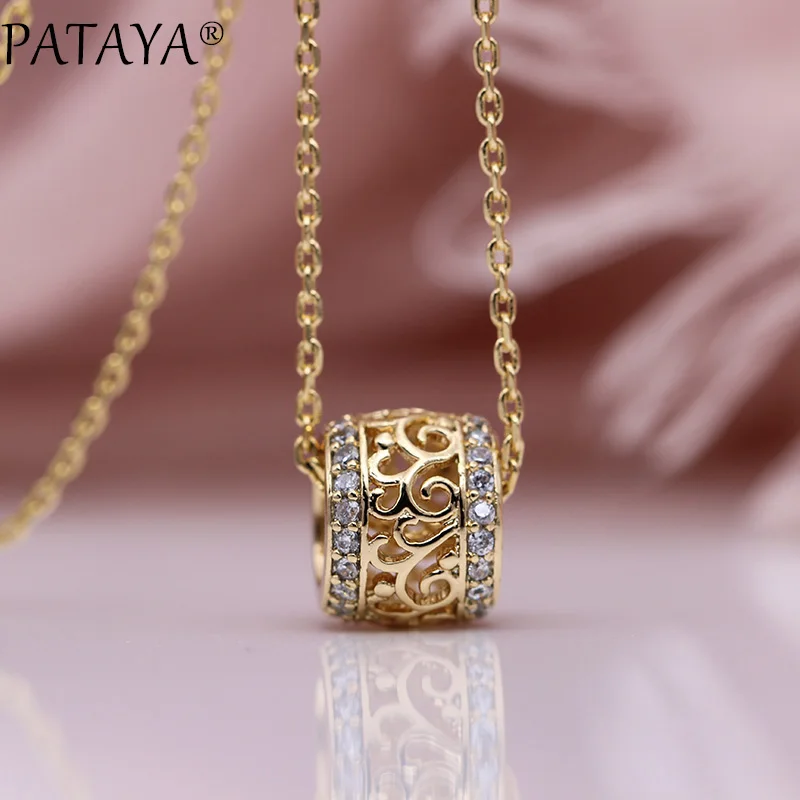 PATAYA New Round Long Necklaces Micro-wax Inlay Natural Zircon Luxury Hollow Pendants 585 Rose Gold Color Women Fashion Jewelry