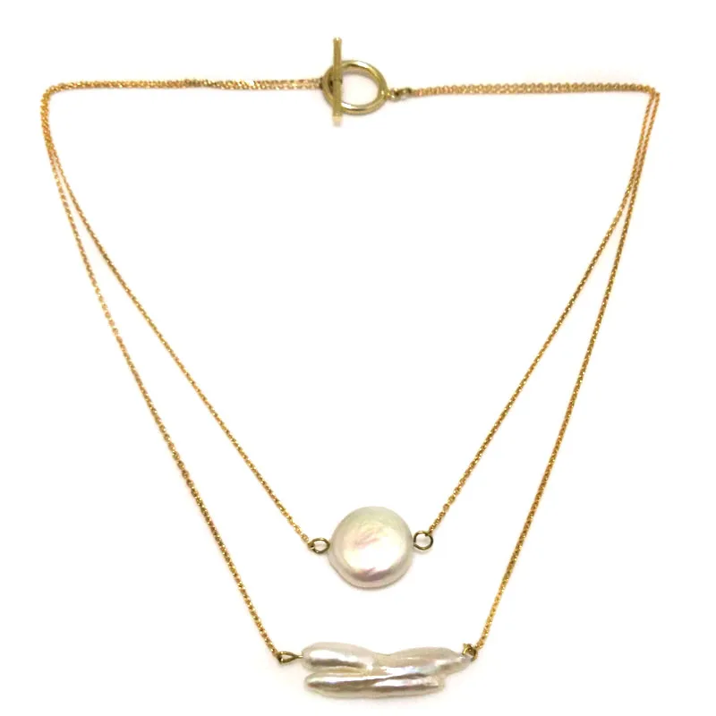 

16-17 inches Yellow Gold Filled Wire 15-25mm Natural White Coin and Biwa Pearl Necklace