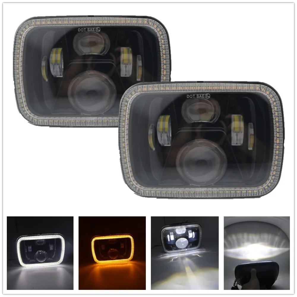 2pc 7X6 LED Headlight 5X7Inch White DRL Amber Turn Signal Halo Headlights For Jeep Wrangler YJ Cherokee XJ For Toyota GMC Trucks