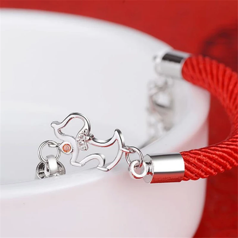 KOFSAC New Fashion 925 Sterling Silver Bracelets For Women Cute Dog Pendant Good Lucky Red Rope Bangle Lady Jewelry Wholesale