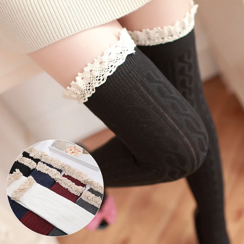 

3pcs/lot Japanese Hemp Lace Pure Cotton Wool Over Knee Pure Colors Jacquard And Tights High Quality Women Long Socksings