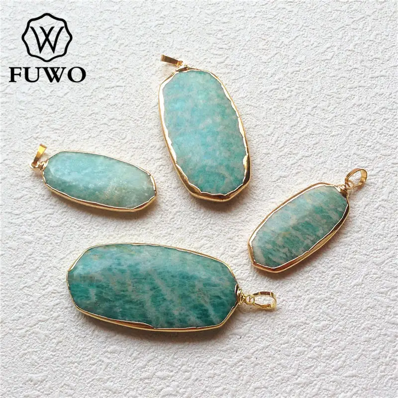 FUWO Wholesale Natural Amazonite Pendant,Golden Plated Green Stone Faceted Accessories For Jewelry Making 5Pcs/Lot PD174