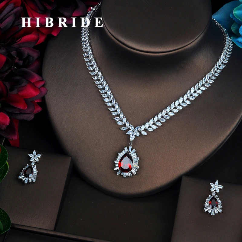 HIBRIDE Brilliant Big Red Full Cubic Zirconia Necklace Set Women Bride Jewelry Sets Wedding Accessories Gifts Wholesale N-428