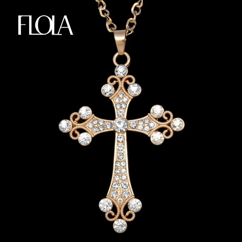 FLOLA Hip Hop Catholic Big Cross Pendant Necklace Gold Plated Chain Rhinestone Long Necklace for Women Jewelry gifts nkeh77