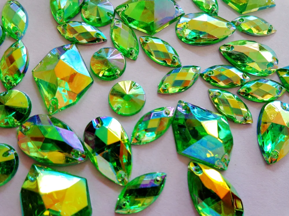 Big promotion 300pcs  mixed shape size  sew on rhinestones Green AB colour Acrylic Crystal  loose Beads hand sewing strass