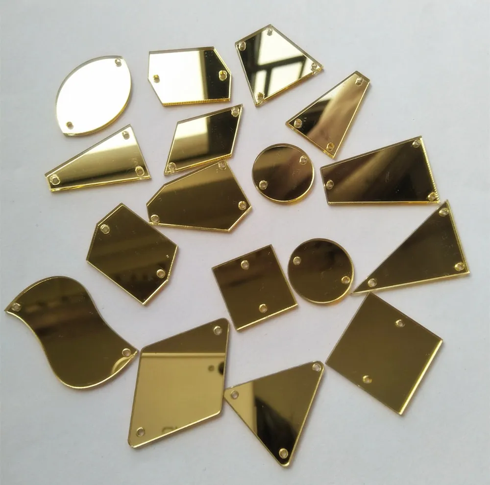 Gold Sewing On Mirror Rhinestones, DIY Flat-back Acrylic Mirrored Beads for Costume Evening Dresses Cloth Garment Accessory