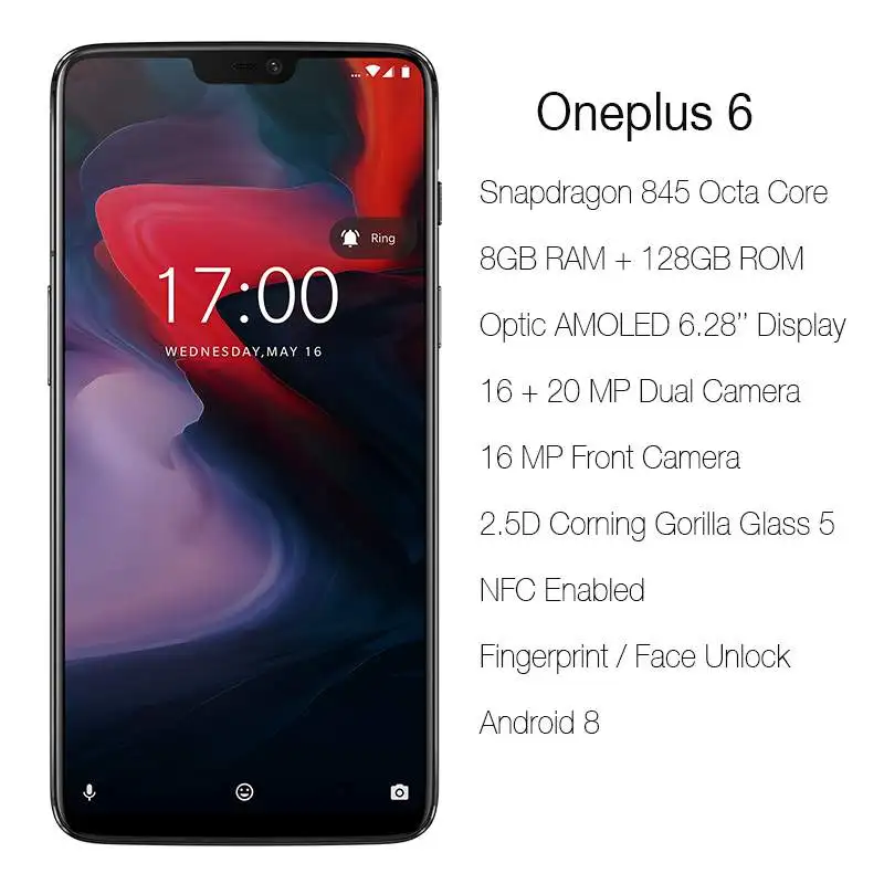 CN Version Global ROM Oneplus 6 8GB 256GB Snapdragon 845 Octa Core AI Dual Camera 20MP+16MP Face ID Unlock Android 8 Smartphone