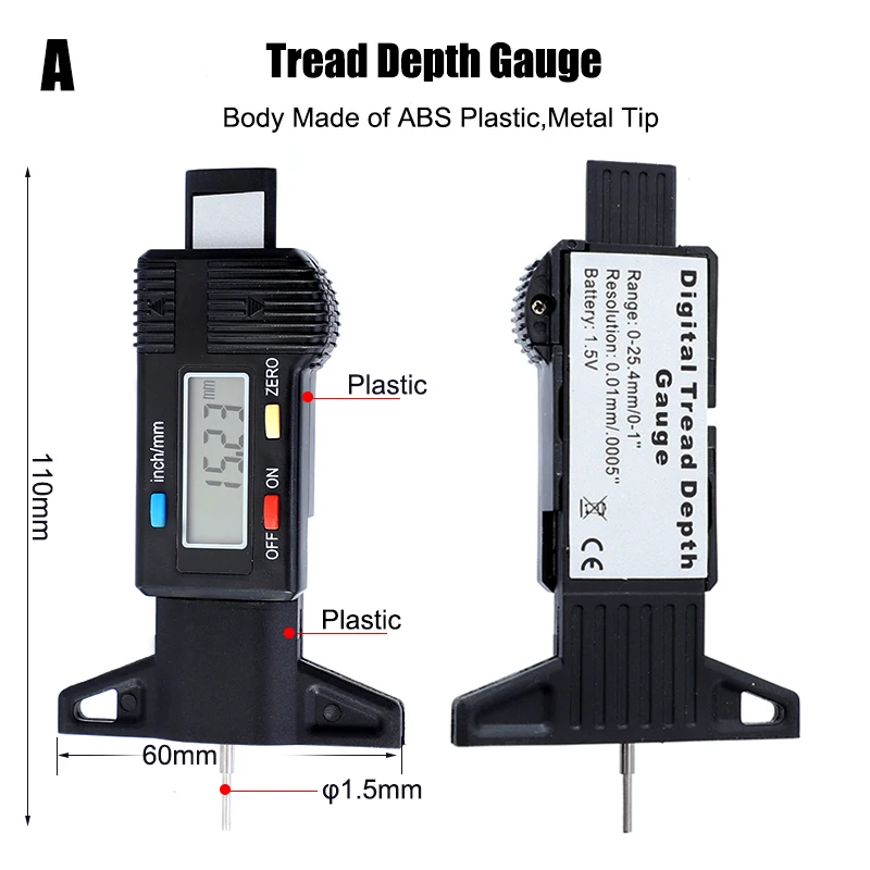 Jauge de profondeur numérique 0-25.4mm/0.01mm, métrique/pouce, jauge de profondeur de bande de roulement, affichage LED étrier 1 pièce
