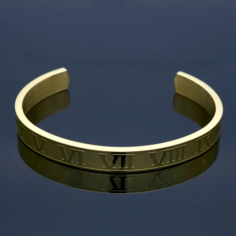 Hot Sell Titanium Stainless Steel Bangle Roman Numerals Gold Colour Cuff Bracelets Love Letter Bracelet Men Women Open Bangles