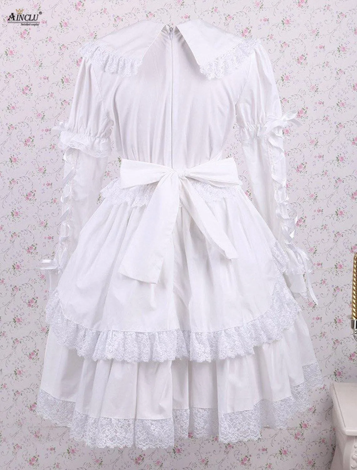 Ainclu – robe mi-longue en dentelle blanche XS-XXL, coton de haute qualité, nœud en dentelle, ligne a, douce, Lolita, livraison gratuite pour fête/décontractée