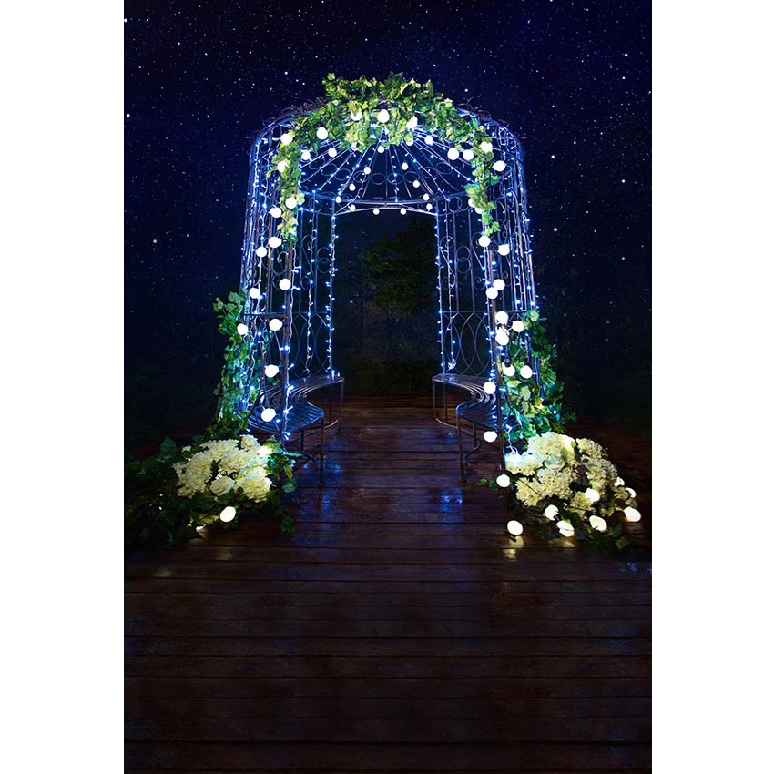 

Outdoor Wedding Party Photo Booth Backdrop Wood Floor Printed Bulbs Flowers Arch Pavilion Night Sky Stars Photography Background