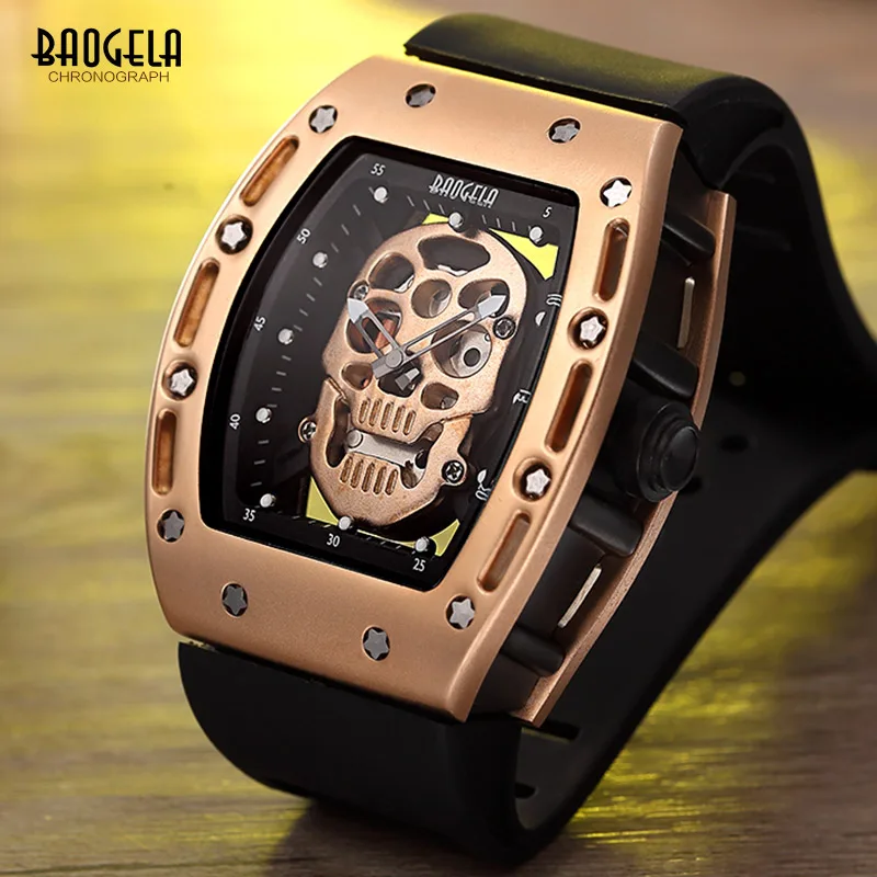 

Baogela Fashion Rectangle Skeleton Dial Luminous Hands Silicone Strap Army Sport Quartz Watches BGL1612G-3