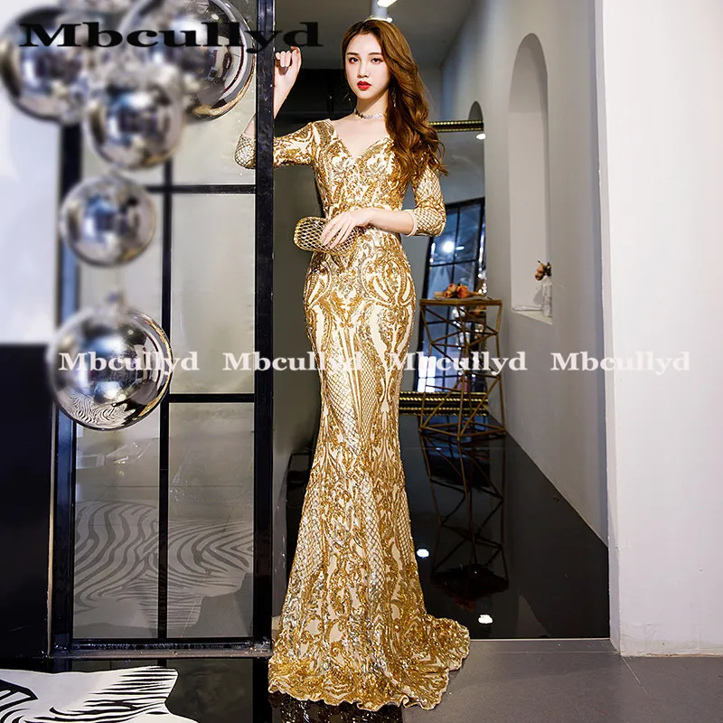 Mbcullyd Sparkly Gold Sequins Mermaid African Prom Dresses for Black Girls Elegant V-neck Women Formal Evening Gowns Hot Sale