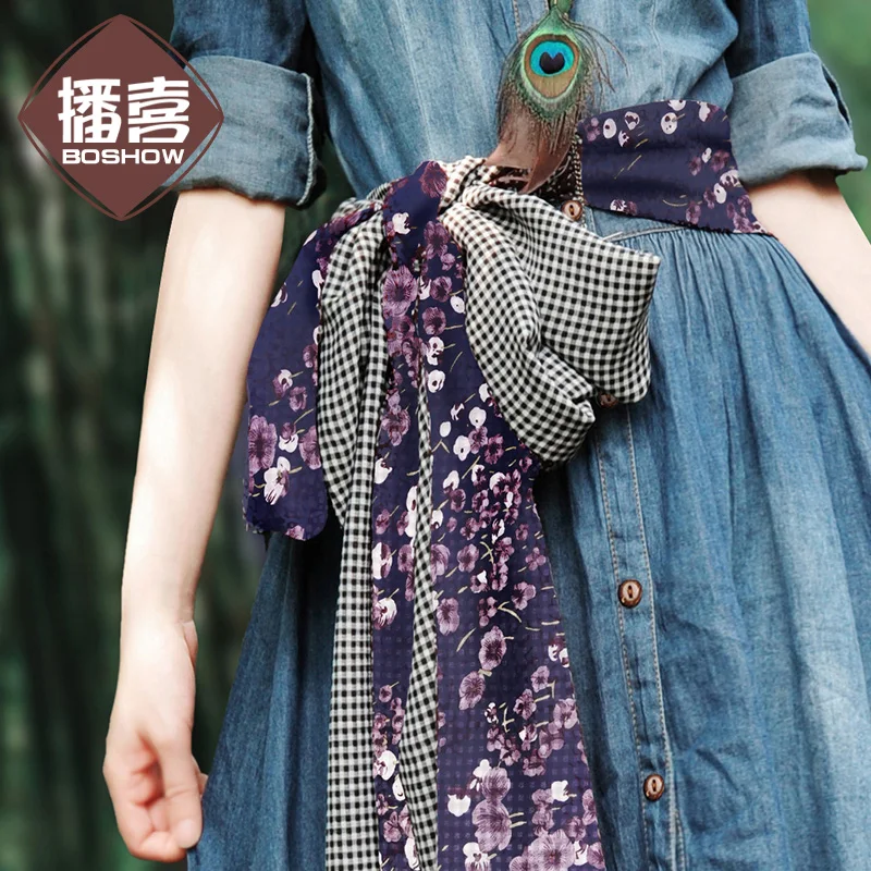 Free Shipping 2022 Bohemian Long Maxi Denim Chiffon Patchwork Spring Boshow Three Quarter Sleeve Jeans Dress With Flower Belt