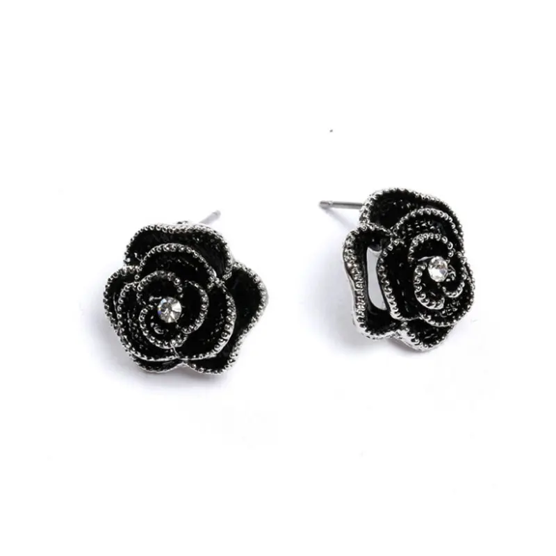 New Big Brand Camellia Earring Korean Rose Rhinestone Stud Earrings Black Luxury Woman Jewelry Party Gift