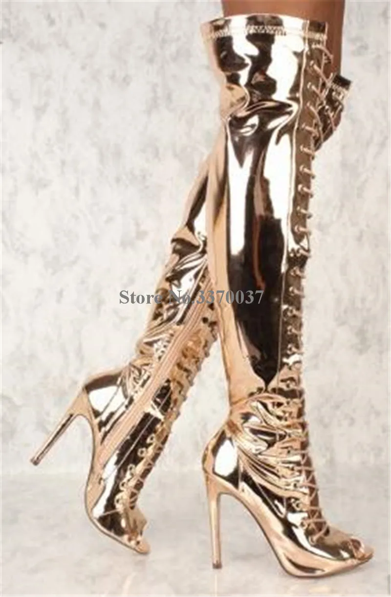 Women Sexy Fashion Peep Toe Gold Silver Mirror Patent Leather Over Knee Thin Heel Gladiator Boots Cut-out Long High Heel Boots