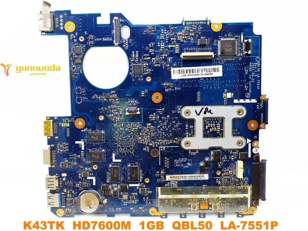 Original for ASUS  K43T laptop  motherboard K43TK  HD7600M  1GB  QBL50  LA-7551P  tested good free shipping