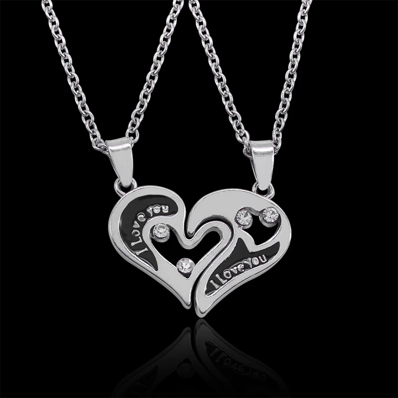 2 Piece Set I Love You Heart-Shaped Mosaic Necklace Set Ladies Couple Jewelry Hollow  Broken Heart Alloy Pendant Gift