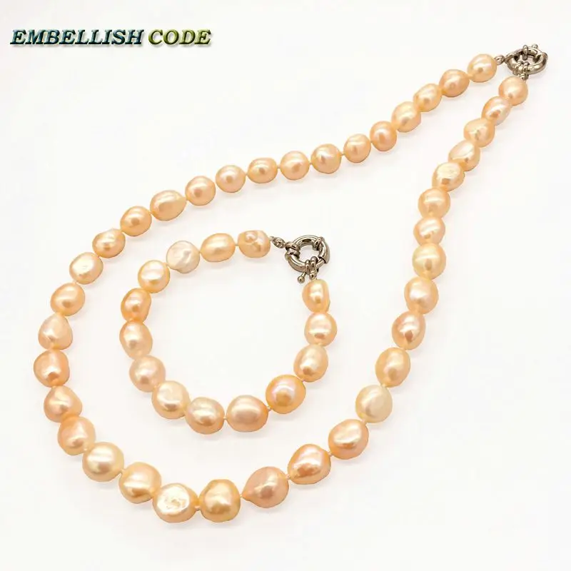 

Elegant small baroque irregular tear drop shape necklace bracelet pearl set white peach pink orange color real pearls gift women