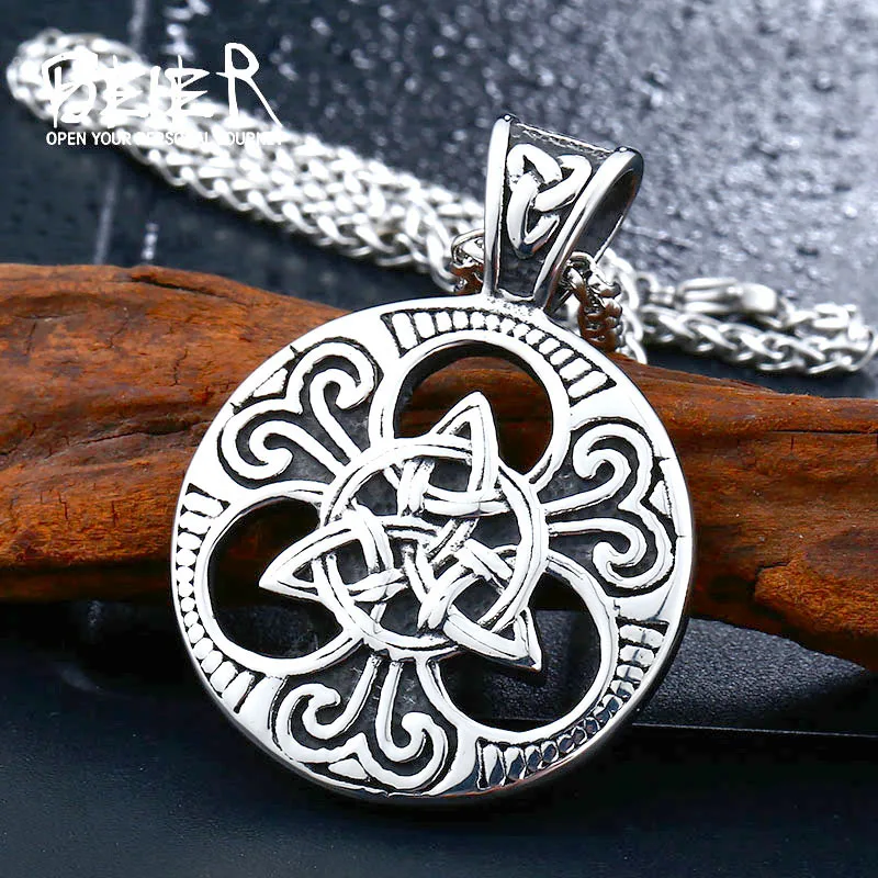 Beier 316L stainless Viking TRIPLE HORN OF ODIN KING OF ASGARD Norse Viking Thor Silver God Pewter Pendant Necklace LP264