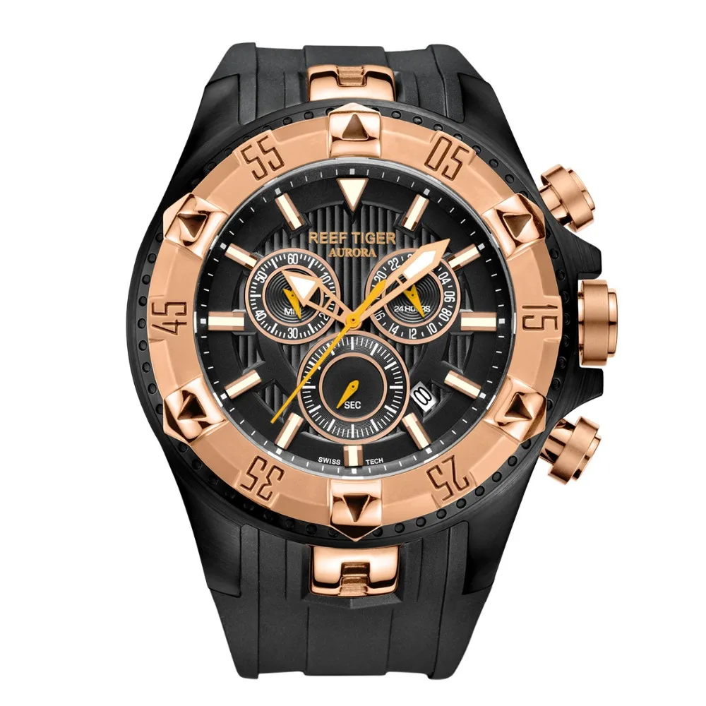 Reef Tiger/RT Men Sports Watches Quartz Watch with Chronograph and Date Big Dial Black Steel Super Luminous Stop Watch RGA303