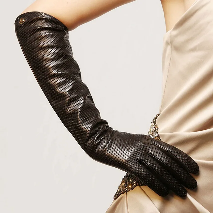 44cm Long Women Leather Gloves Fashion Opera Real Genuine Leather Warm Solid Sheepskin Glove EL018NN