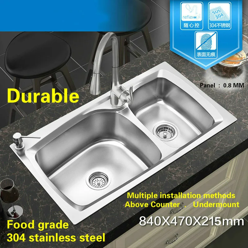 Free shipping Standard luxurious hot sell kitchen double groove sink durable food grade stainless steel whole drawing 84x47 CM